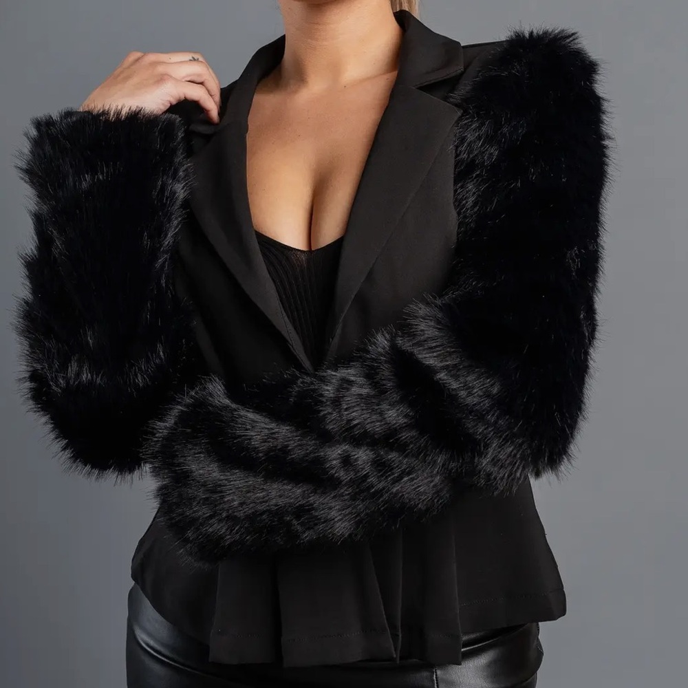 Privy Black Blazer with Faux Fur Sleeves